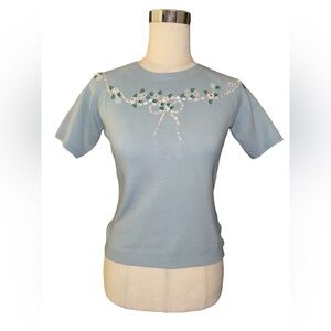 Jane Doe Women’s Short Sleeve Sweater Ribbon Floral Coquette Beaded Embroidered